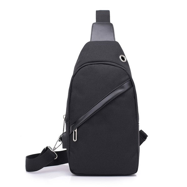 Cross Zip Sling Bag Canvas Exterior Nylon Interior Adjustable Strap Multiple Pockets Earphone Slot Silver Hardware