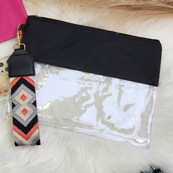 Clear PVC Wristlet Stadium Bag with Gold Hardware and Versatile Removable Strap