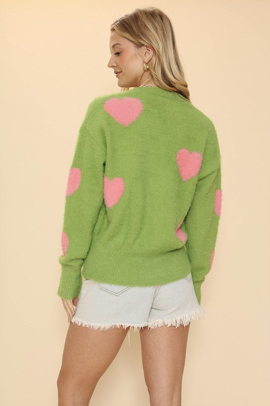 Fuzzy Heart Cardigan Button Front Intarsia Design Cozy Layering for Women Petite Plus Size
