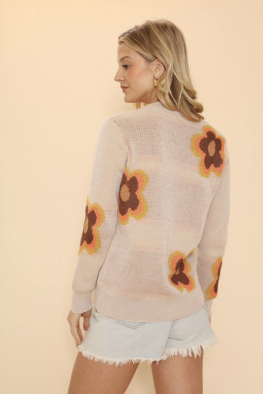 Retro Floral Cardigan Intarsia Knit Button Front Long Sleeve Hip-Length Women's Casual Layer