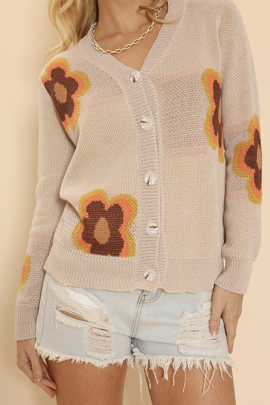 Retro Floral Cardigan Intarsia Knit Button Front Long Sleeve Hip-Length Women's Casual Layer