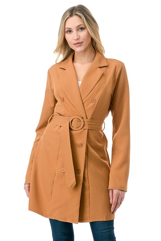 Oversized Solid Belted Blazer Long Sleeve Suit Collar Loose Fit Long Length Casual Layering Essential