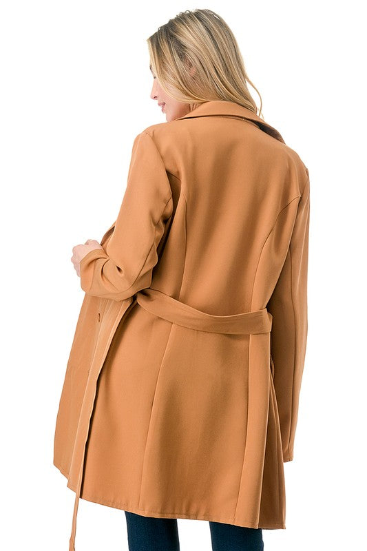 Oversized Solid Belted Blazer Long Sleeve Suit Collar Loose Fit Long Length Casual Layering Essential