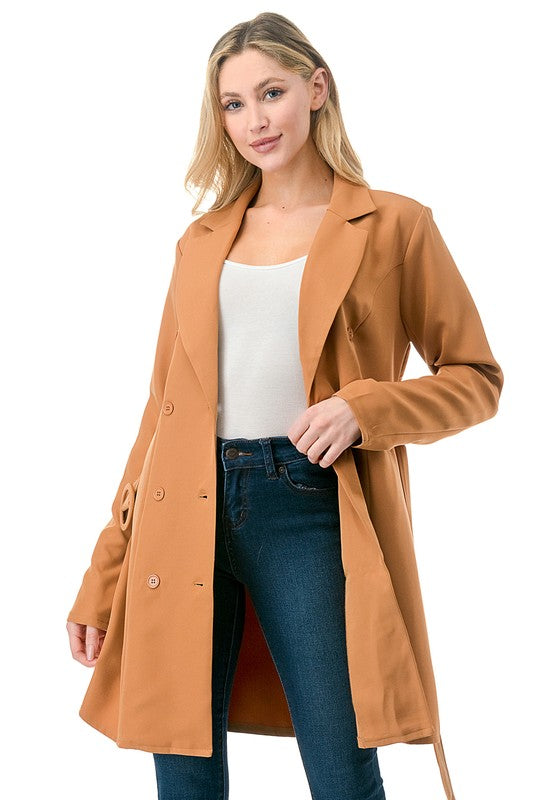 Oversized Solid Belted Blazer Long Sleeve Suit Collar Loose Fit Long Length Casual Layering Essential