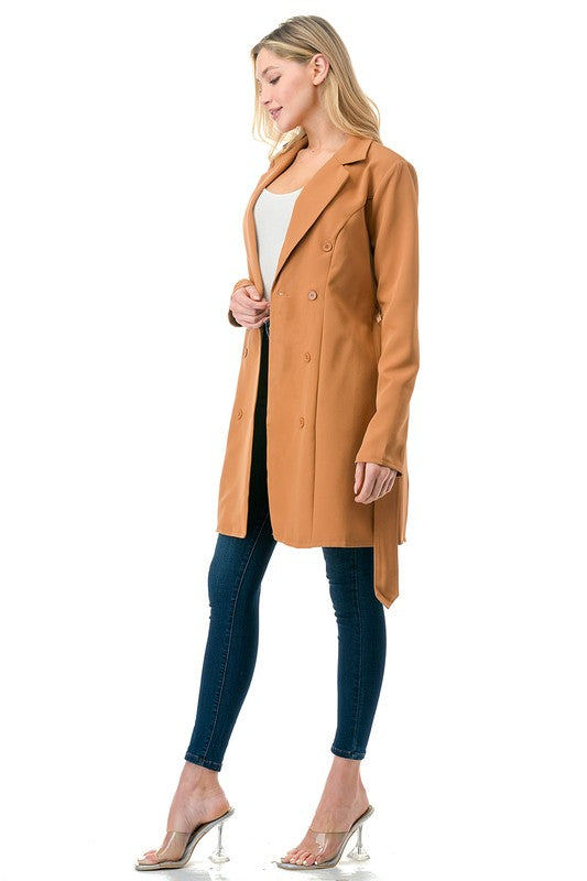 Oversized Solid Belted Blazer Long Sleeve Suit Collar Loose Fit Long Length Casual Layering Essential