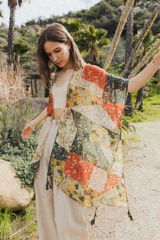 Floral Print Kimono Loose Fit Mid Length Mid Sleeve 100% Polyester