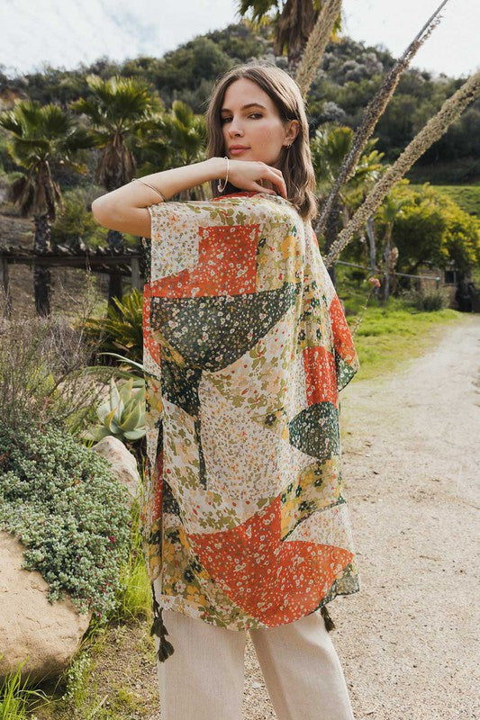 Floral Print Kimono Loose Fit Mid Length Mid Sleeve 100% Polyester