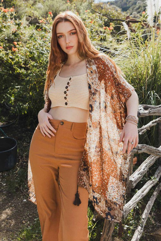 Floral Print Kimono Loose Fit Mid Length Mid Sleeve 100% Polyester