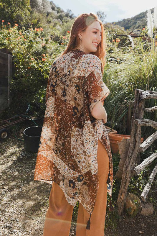 Floral Print Kimono Loose Fit Mid Length Mid Sleeve 100% Polyester