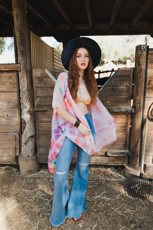 Tie Dye Kimono Cover-Up One Size Fits Most Mid Sleeve Knee Length