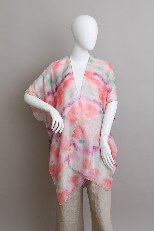 Tie Dye Kimono Cover-Up One Size Fits Most Mid Sleeve Knee Length