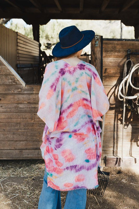 Tie Dye Kimono Cover-Up One Size Fits Most Mid Sleeve Knee Length