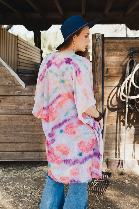 Tie Dye Kimono Cover-Up One Size Fits Most Mid Sleeve Knee Length
