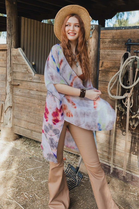 Tie Dye Kimono Cover-Up One Size Fits Most Mid Sleeve Knee Length