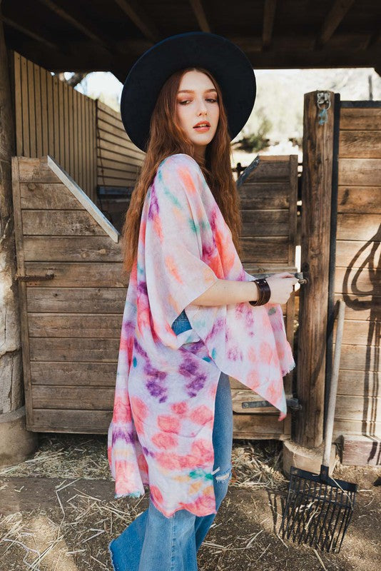 Tie Dye Kimono Cover-Up One Size Fits Most Mid Sleeve Knee Length