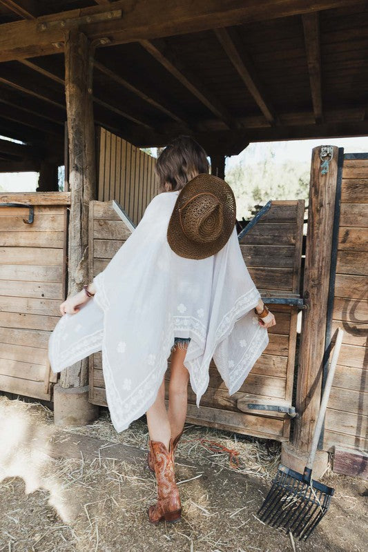 Floral Embroidered Oversized Kimono with Draped Sleeves Mid-Length