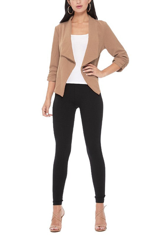 Casual Solid Waist-Length Blazer with Elegant Ruched 3/4 Sleeves for Effortless Style