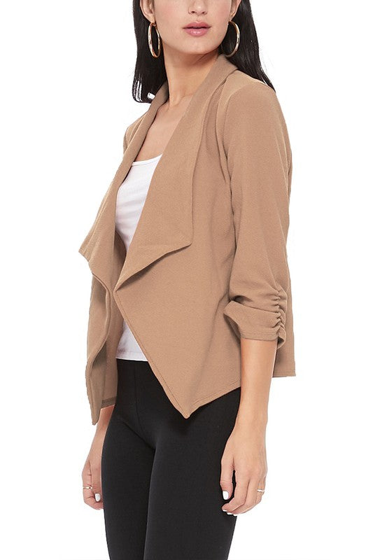 Casual Solid Waist-Length Blazer with Elegant Ruched 3/4 Sleeves for Effortless Style