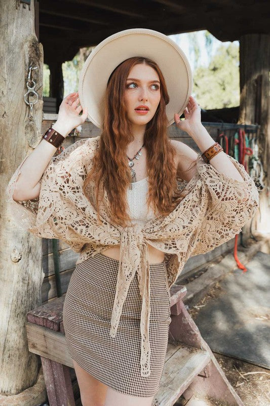 Cotton Crochet Floral Petal Kimono Wrap Oversized 3/4 Sleeve Tie Front