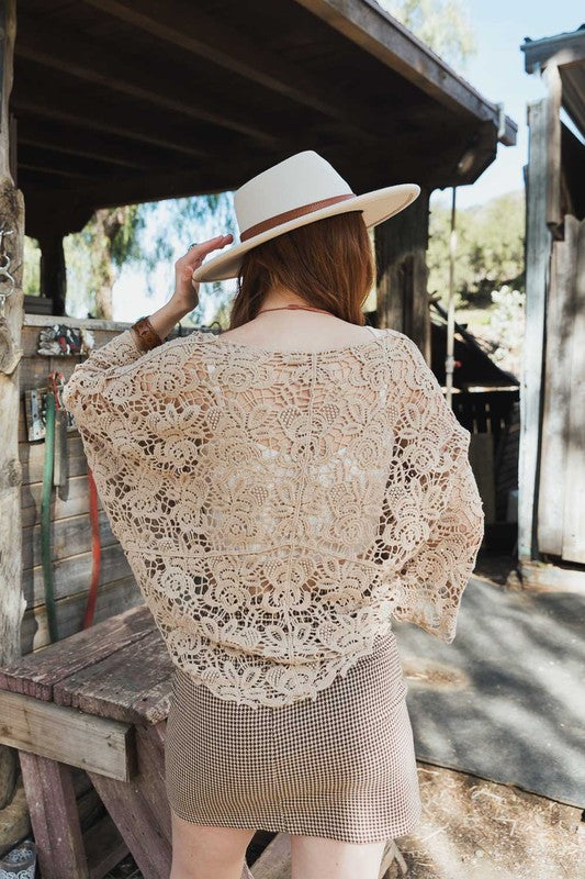 Cotton Crochet Floral Petal Kimono Wrap Oversized 3/4 Sleeve Tie Front