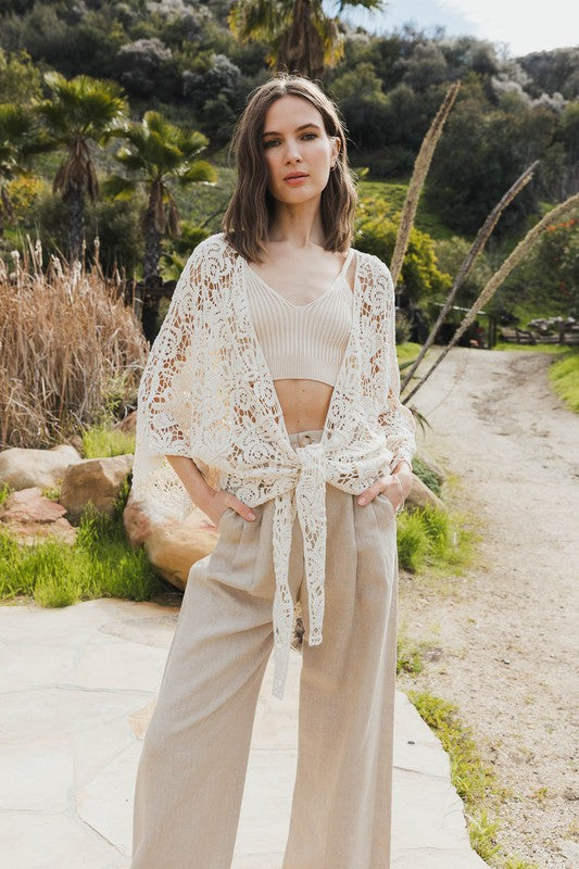 Cotton Crochet Floral Petal Kimono Wrap Oversized 3/4 Sleeve Tie Front