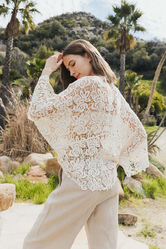 Cotton Crochet Floral Petal Kimono Wrap Oversized 3/4 Sleeve Tie Front