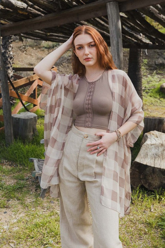 Lightweight Buffalo Check Kimono for Women Knee-Length Half Sleeve