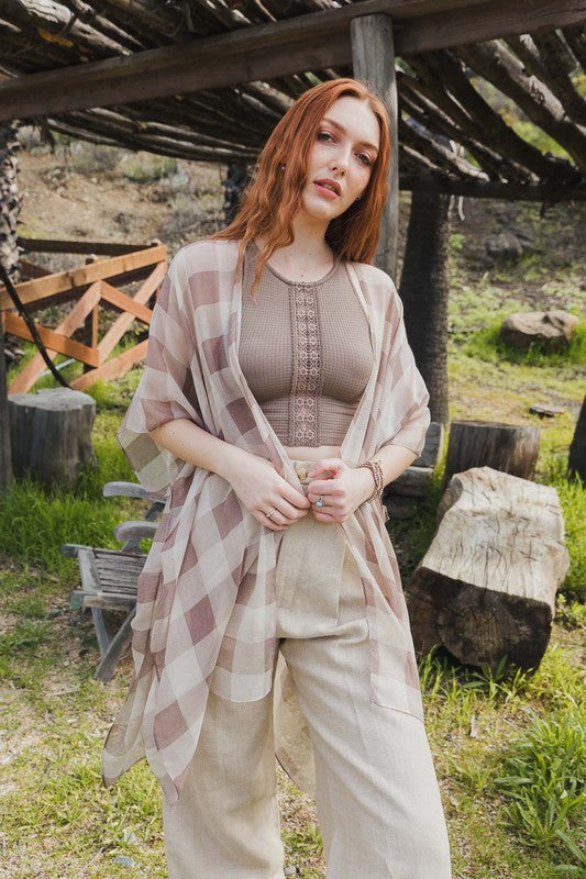 Lightweight Buffalo Check Kimono for Women Knee-Length Half Sleeve