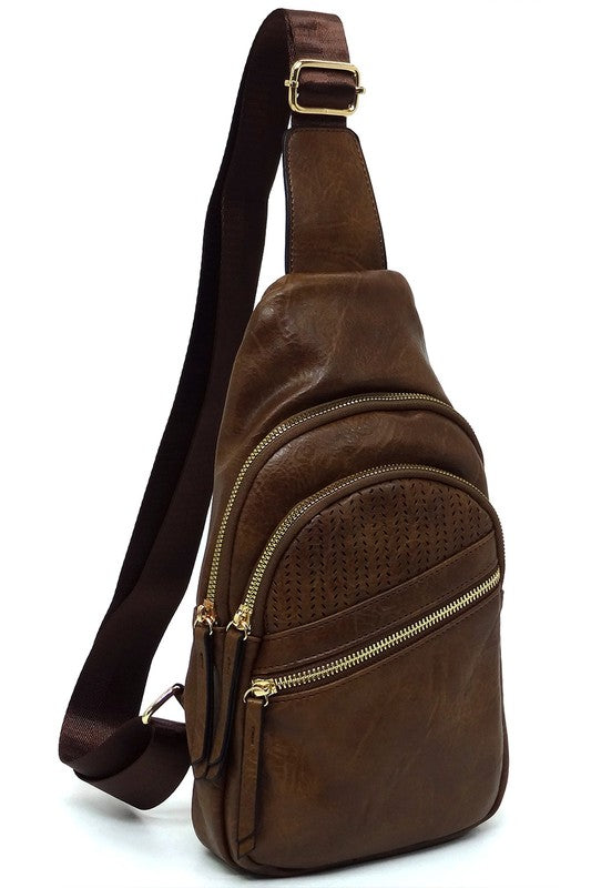 Laser Cut Printed Sling Bag Faux Vegan Leather Zip Top Closure Gold-Tone Hardware Adjustable Shoulder Strap L 7.25 H 15.5 W 3