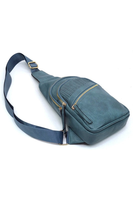 Laser Cut Printed Sling Bag Faux Vegan Leather Zip Top Closure Gold-Tone Hardware Adjustable Shoulder Strap L 7.25 H 15.5 W 3