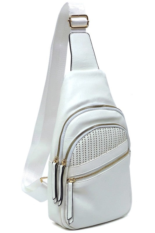 Laser Cut Printed Sling Bag Faux Vegan Leather Zip Top Closure Gold-Tone Hardware Adjustable Shoulder Strap L 7.25 H 15.5 W 3