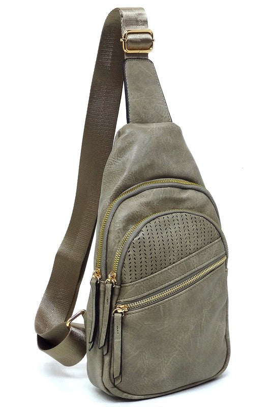 Laser Cut Printed Sling Bag Faux Vegan Leather Zip Top Closure Gold-Tone Hardware Adjustable Shoulder Strap L 7.25 H 15.5 W 3
