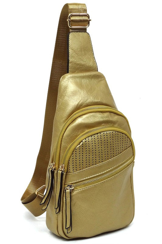 Laser Cut Printed Sling Bag Faux Vegan Leather Zip Top Closure Gold-Tone Hardware Adjustable Shoulder Strap L 7.25 H 15.5 W 3