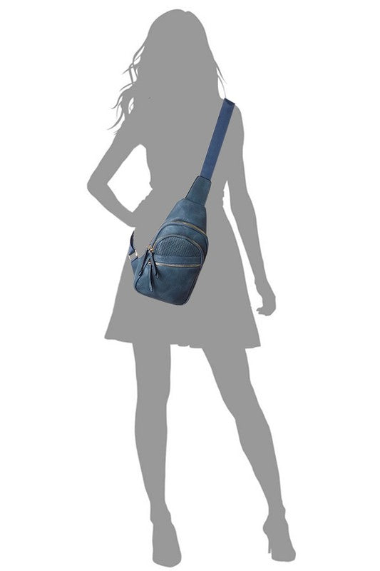Laser Cut Printed Sling Bag Faux Vegan Leather Zip Top Closure Gold-Tone Hardware Adjustable Shoulder Strap L 7.25 H 15.5 W 3