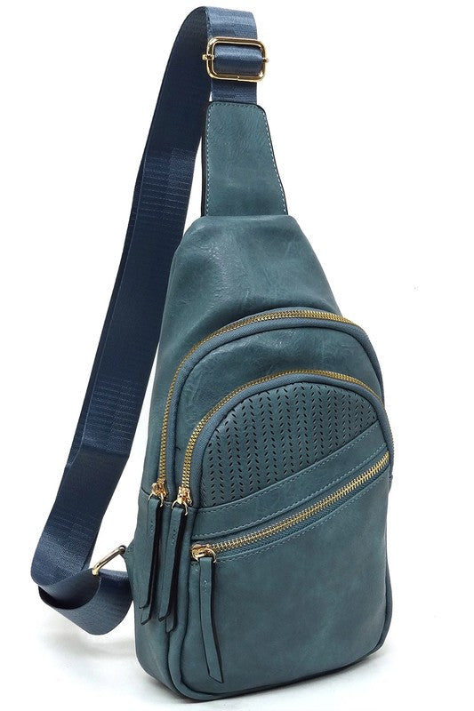 Laser Cut Printed Sling Bag Faux Vegan Leather Zip Top Closure Gold-Tone Hardware Adjustable Shoulder Strap L 7.25 H 15.5 W 3