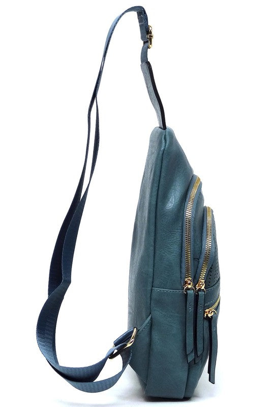 Laser Cut Printed Sling Bag Faux Vegan Leather Zip Top Closure Gold-Tone Hardware Adjustable Shoulder Strap L 7.25 H 15.5 W 3