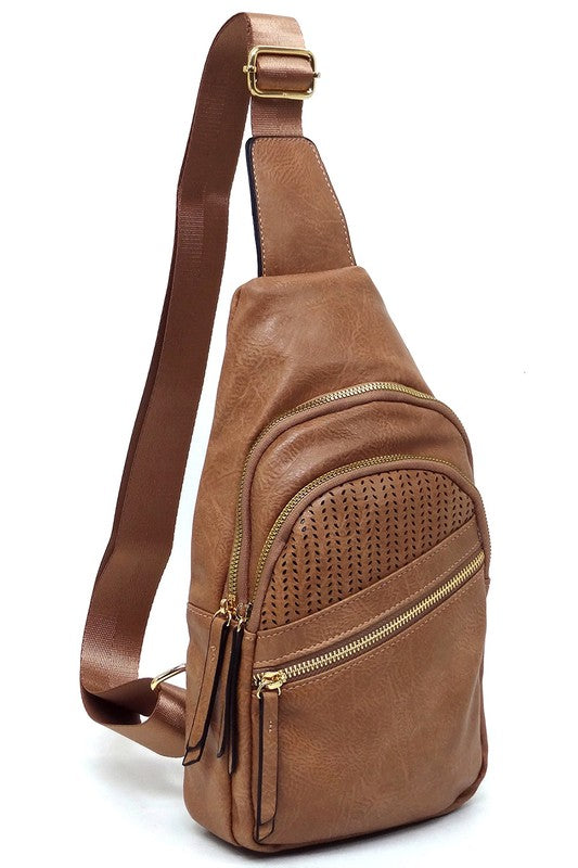 Laser Cut Printed Sling Bag Faux Vegan Leather Zip Top Closure Gold-Tone Hardware Adjustable Shoulder Strap L 7.25 H 15.5 W 3