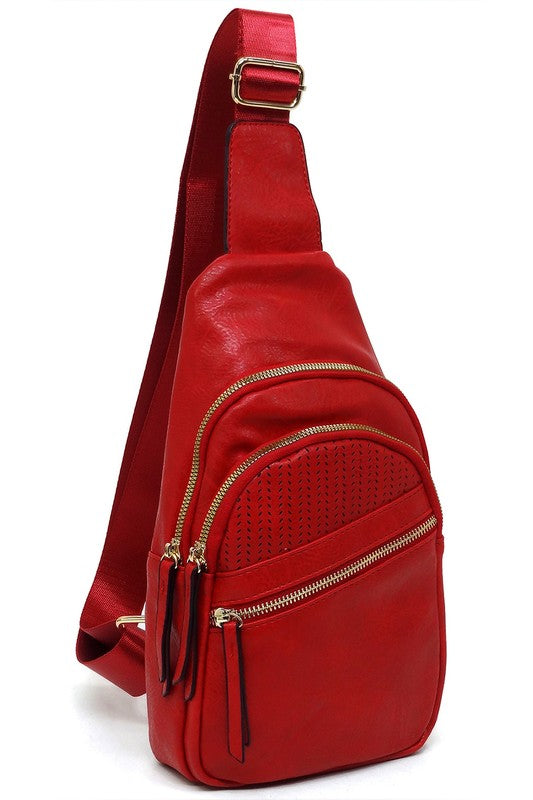 Laser Cut Printed Sling Bag Faux Vegan Leather Zip Top Closure Gold-Tone Hardware Adjustable Shoulder Strap L 7.25 H 15.5 W 3