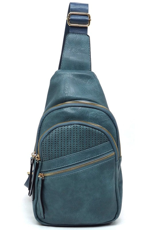 Laser Cut Printed Sling Bag Faux Vegan Leather Zip Top Closure Gold-Tone Hardware Adjustable Shoulder Strap L 7.25 H 15.5 W 3