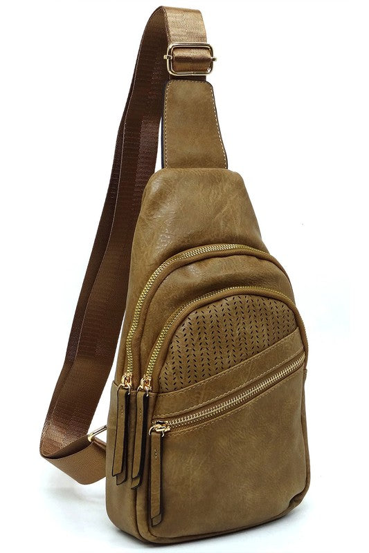 Laser Cut Printed Sling Bag Faux Vegan Leather Zip Top Closure Gold-Tone Hardware Adjustable Shoulder Strap L 7.25 H 15.5 W 3