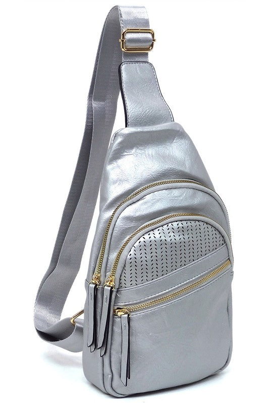 Laser Cut Printed Sling Bag Faux Vegan Leather Zip Top Closure Gold-Tone Hardware Adjustable Shoulder Strap L 7.25 H 15.5 W 3