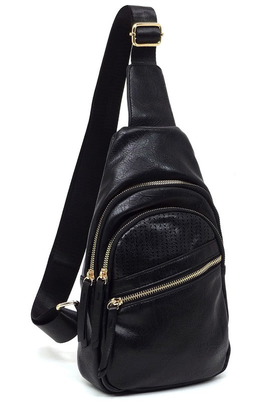 Laser Cut Printed Sling Bag Faux Vegan Leather Zip Top Closure Gold-Tone Hardware Adjustable Shoulder Strap L 7.25 H 15.5 W 3