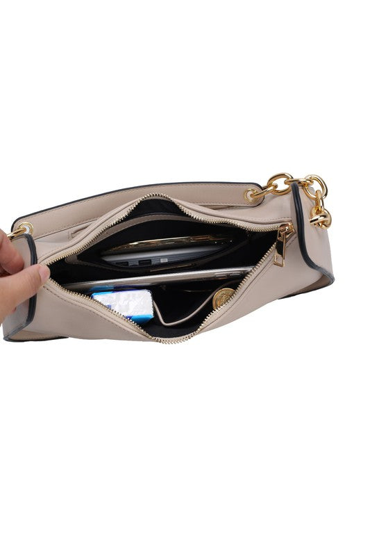 MKF Collection Lottie Shoulder Handbag Vegan Leather Gold-Tone Hardware Adjustable Strap Interior Zip Pockets Back Pocket Zipper Closure