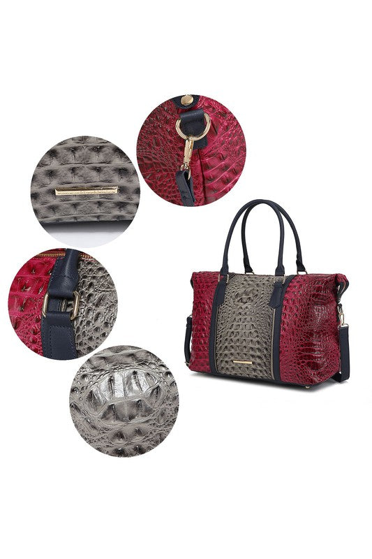 Vegan Leather Duffle Bag with Faux Crocodile Embossing, Gold-tone Hardware, Zipper Closure, Adjustable Strap, Organized Interior