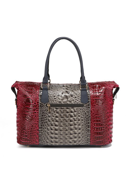 Vegan Leather Duffle Bag with Faux Crocodile Embossing, Gold-tone Hardware, Zipper Closure, Adjustable Strap, Organized Interior