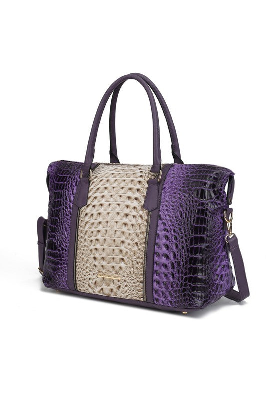 Vegan Leather Duffle Bag with Faux Crocodile Embossing, Gold-tone Hardware, Zipper Closure, Adjustable Strap, Organized Interior