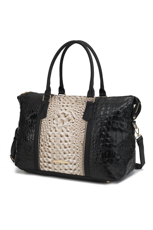 Vegan Leather Duffle Bag with Faux Crocodile Embossing, Gold-tone Hardware, Zipper Closure, Adjustable Strap, Organized Interior