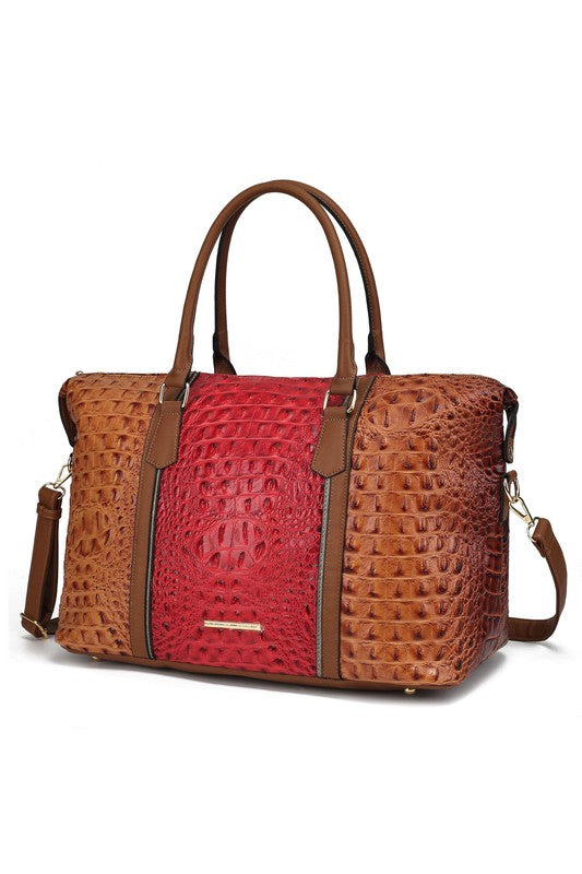 Vegan Leather Duffle Bag with Faux Crocodile Embossing, Gold-tone Hardware, Zipper Closure, Adjustable Strap, Organized Interior
