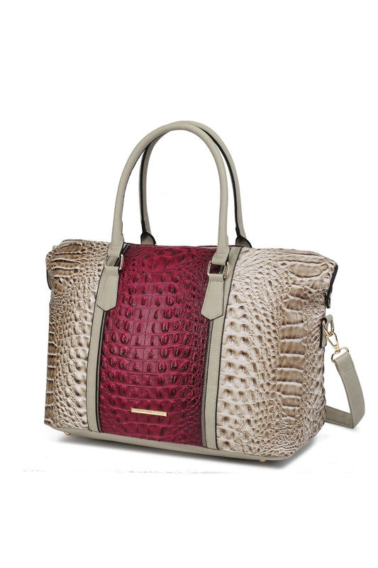Vegan Leather Duffle Bag with Faux Crocodile Embossing, Gold-tone Hardware, Zipper Closure, Adjustable Strap, Organized Interior