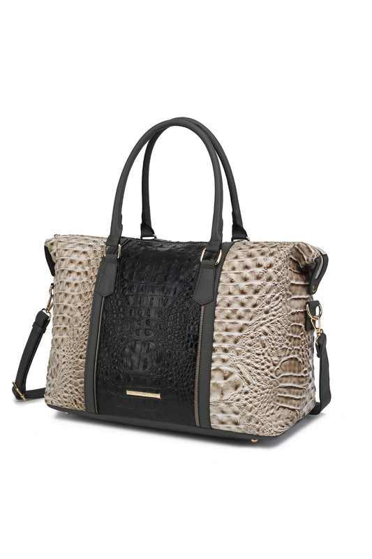Vegan Leather Duffle Bag with Faux Crocodile Embossing, Gold-tone Hardware, Zipper Closure, Adjustable Strap, Organized Interior
